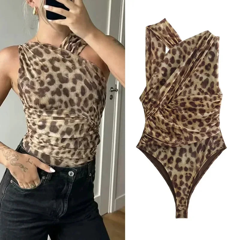 Woman Bodysuit pattern Print Mesh Sleeveless Bodysuit