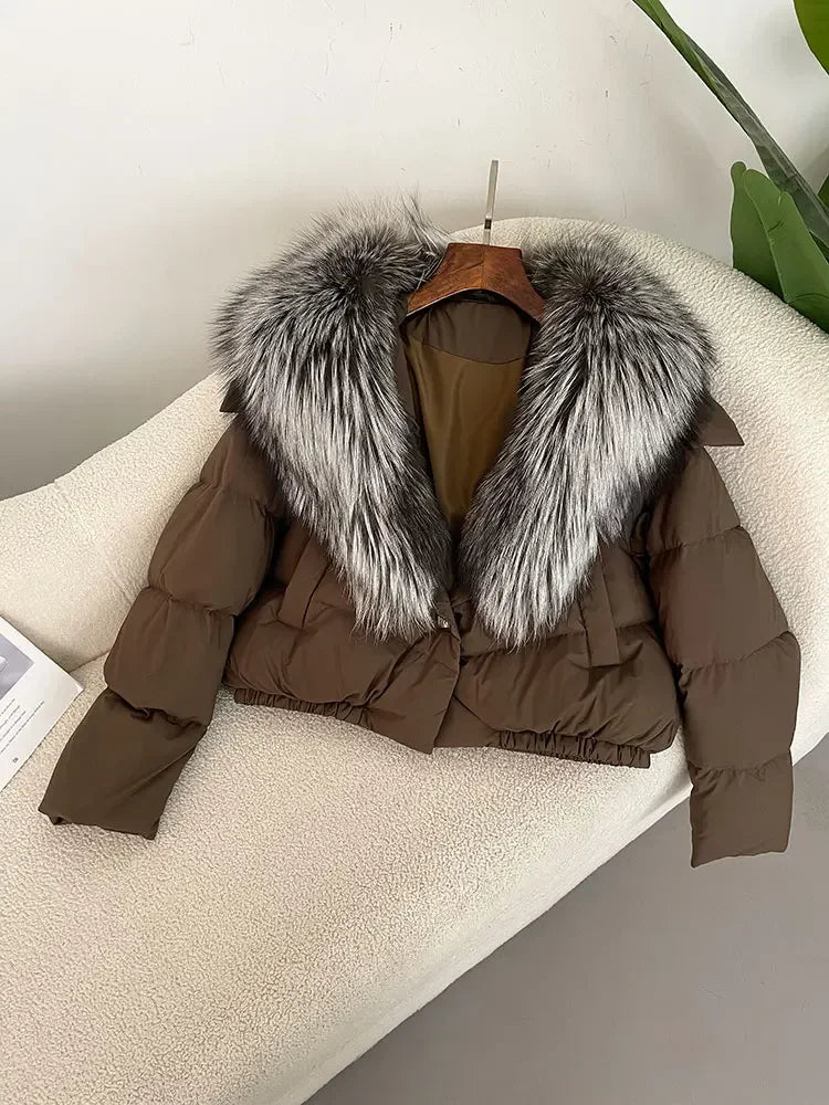 cropped duck down winter coat with real fox fur