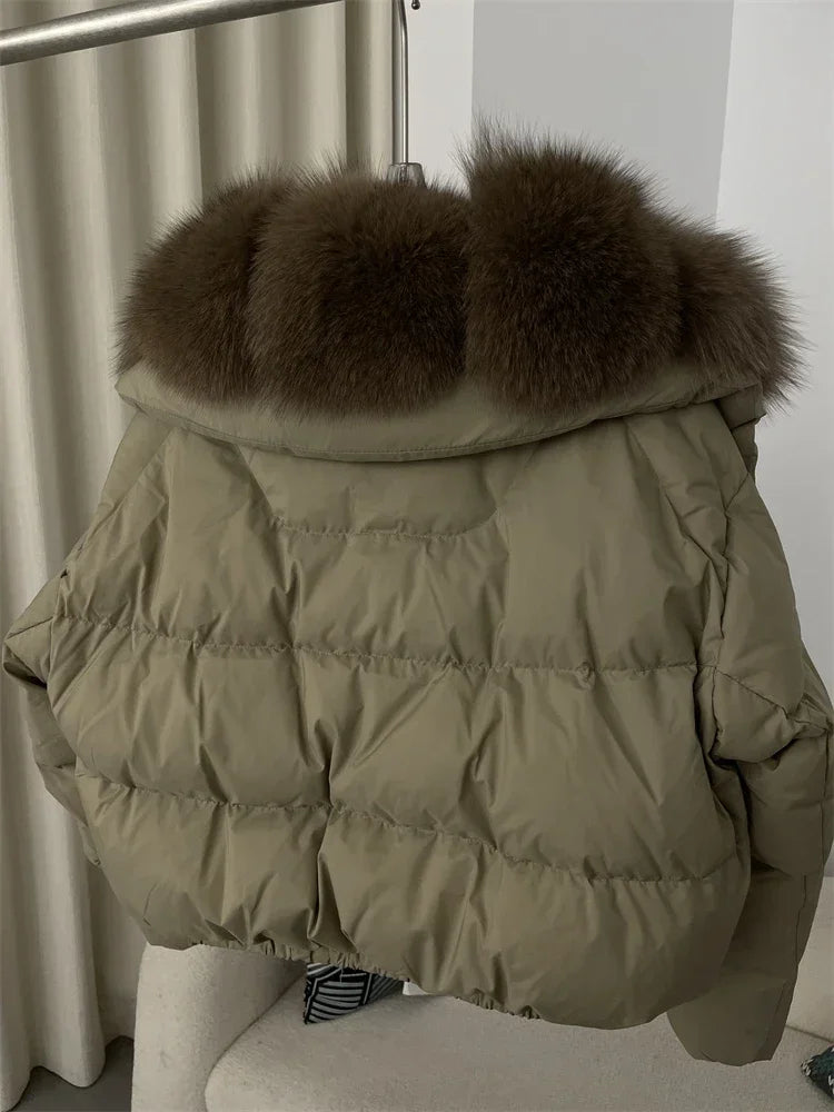 cropped duck down winter coat with real fox fur