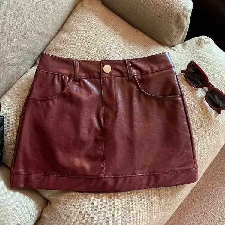 Black and wine red leather skirt