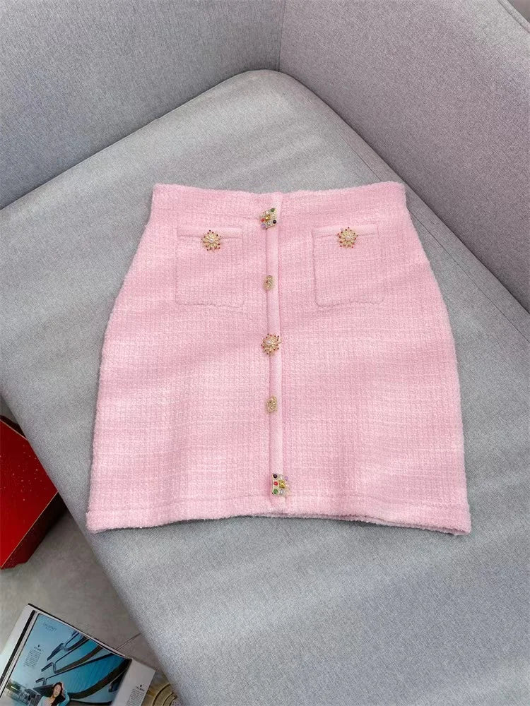 Pink Knitted Set Women Elegant Short Sleeve