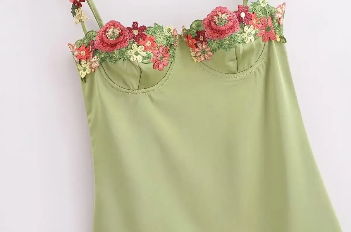 Silk Party Dress Floral Embroidery Spaghetti Straps