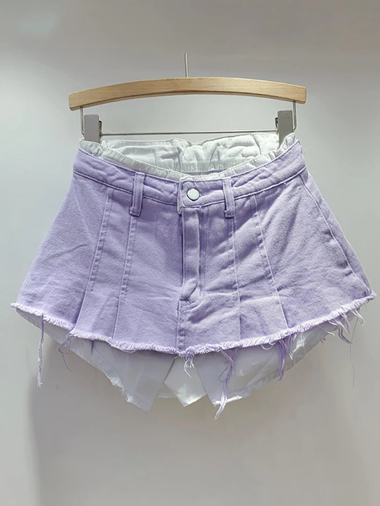 Denim Skirt High Waist Pleated Patchwork Contrast Color