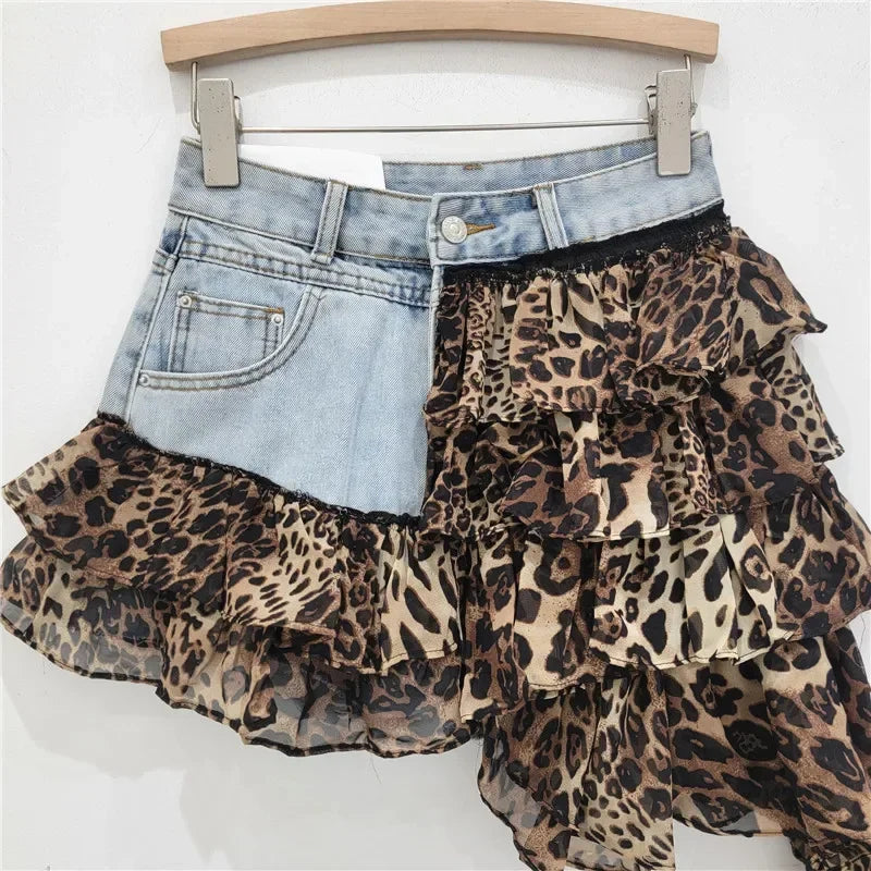 denim leopard print shorts