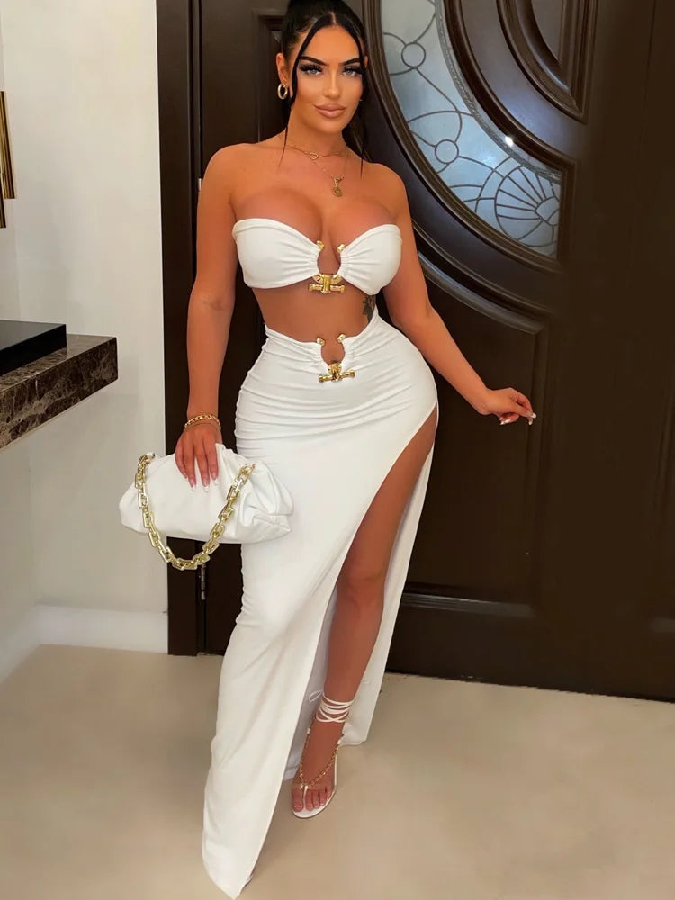 white and gold womens holiday two piece