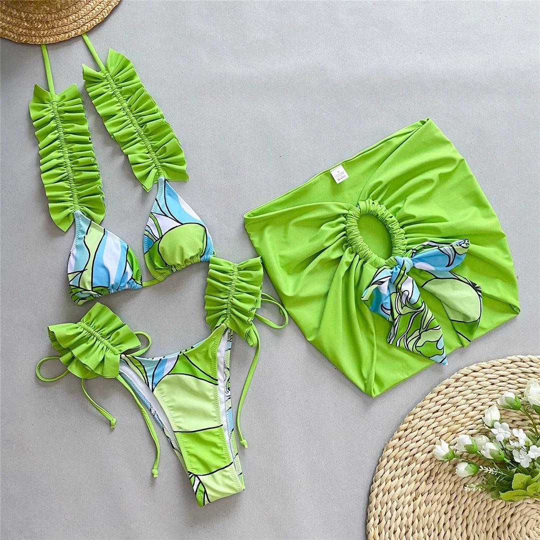 Ruffled Frilled With Skirt Three-pieces Bikini set