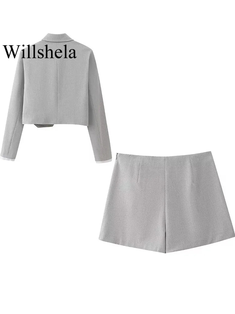 2 Piece Set Grey Single Breasted Lapel Neck Shirts & Vintage Side Zipper Skorts