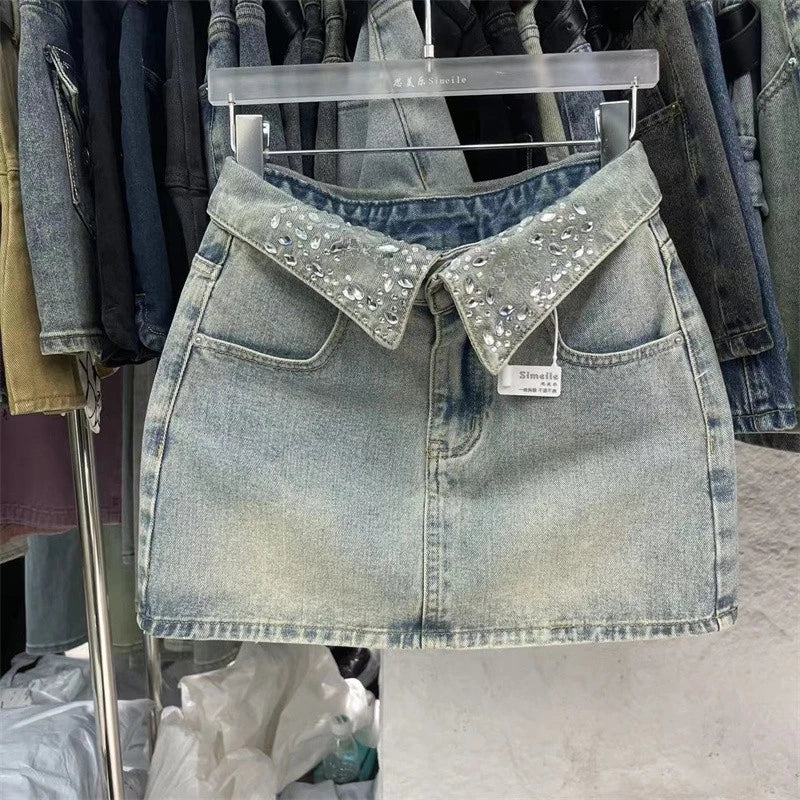 Rhinestones Short Jean Skirt