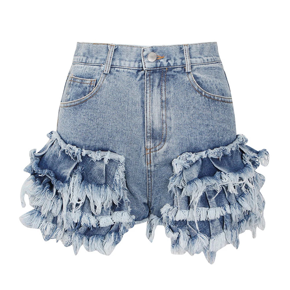 Solid Patchwork Folds Denim Short