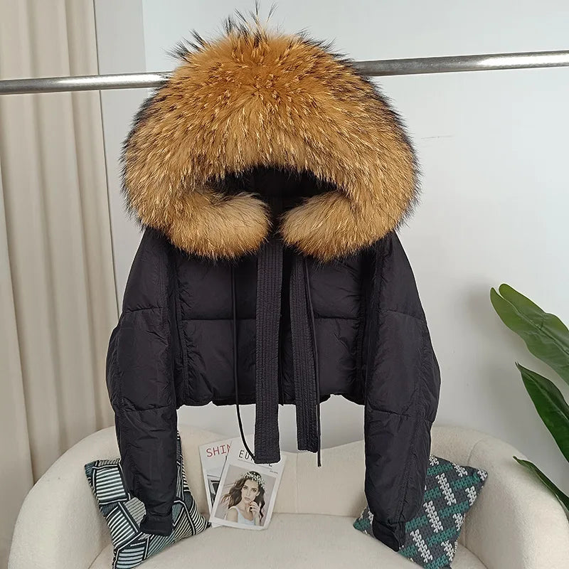 cropped Real Fox Fur and Raccoon Fur Collar detachable hood