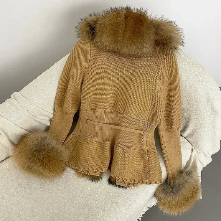 Real fox Fur Cardigan Detachable Collar