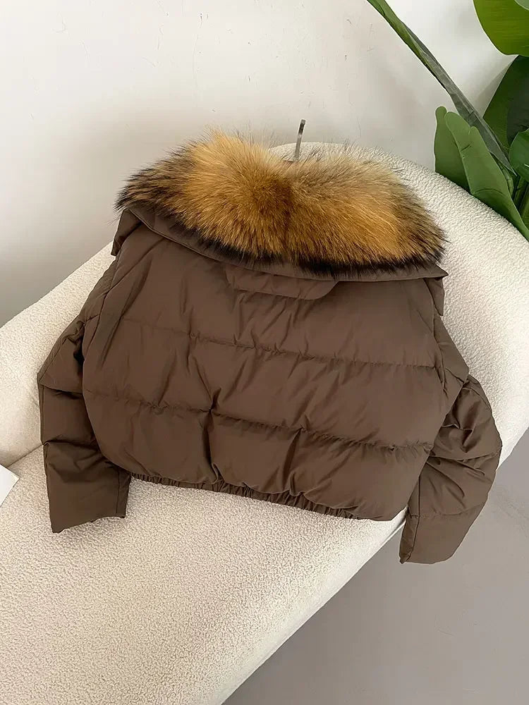 cropped duck down winter coat with real fox fur