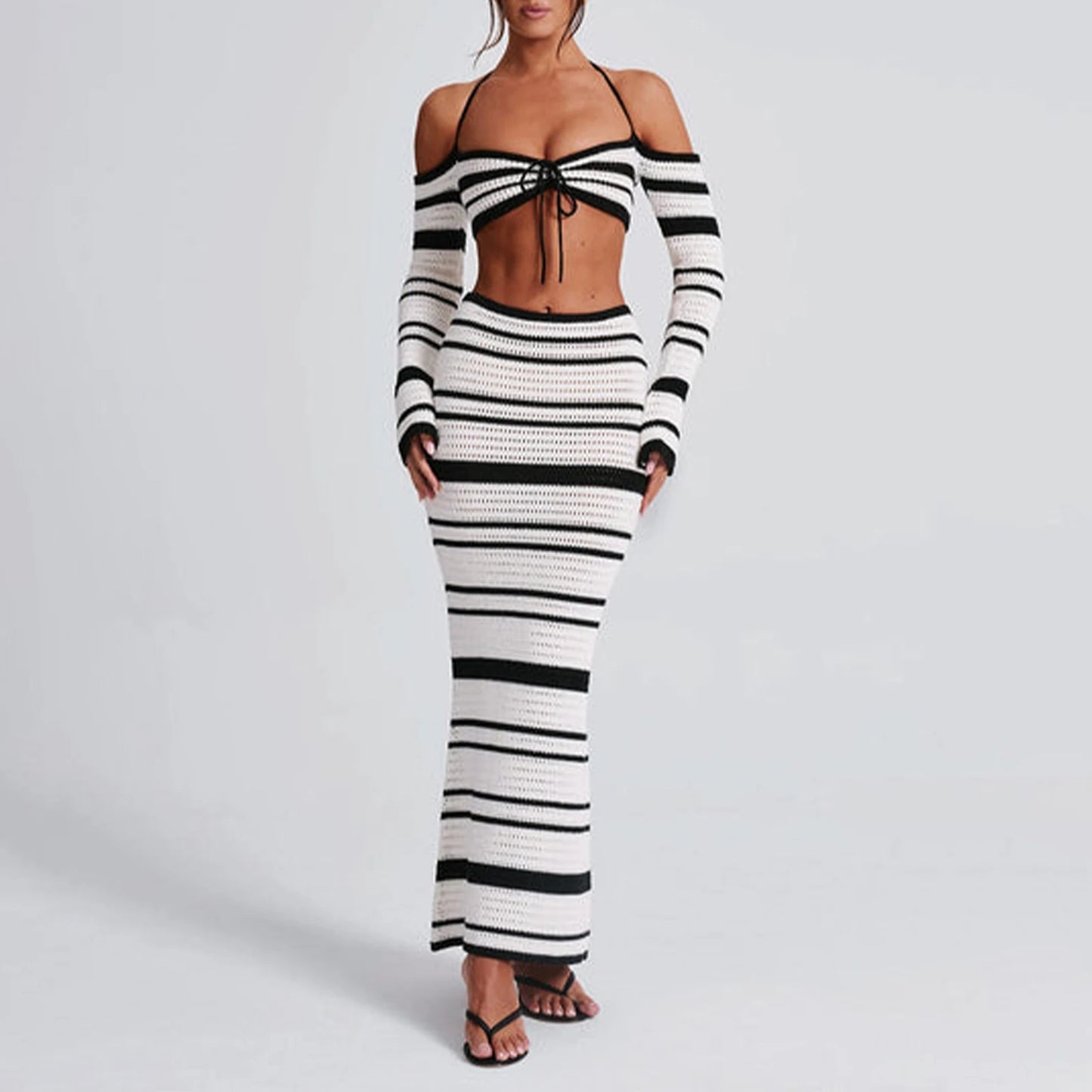 2 Piece Set Halter srtipped Slash Neck Tops and Maxi Skirts