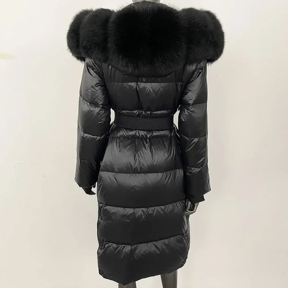 long coat with fox fur hood and belted waist