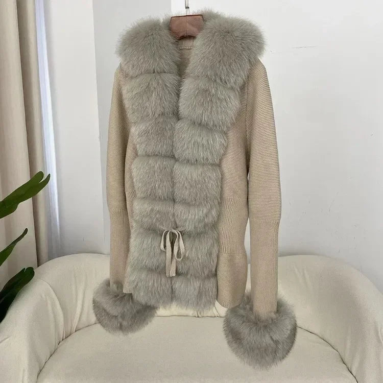 Real fox Fur Cardigan Detachable Collar