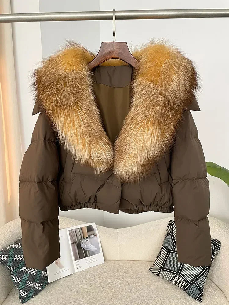 cropped duck down winter coat with real fox fur