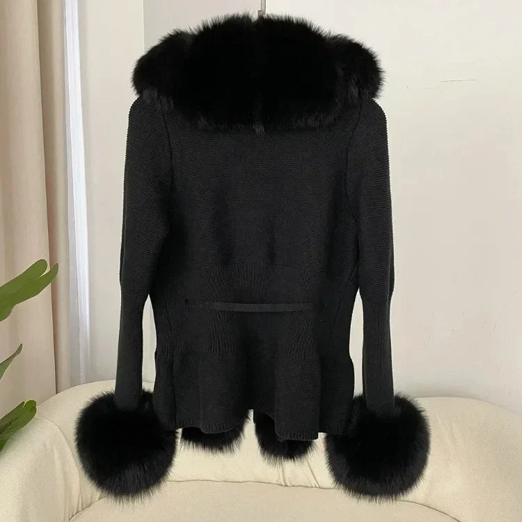 Real fox Fur Cardigan Detachable Collar