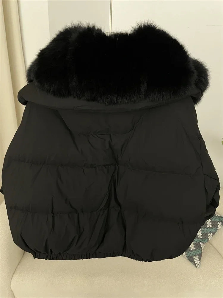 cropped duck down winter coat with real fox fur