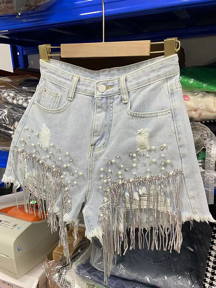 Denim Shorts Elegant Lady Tassel Beading