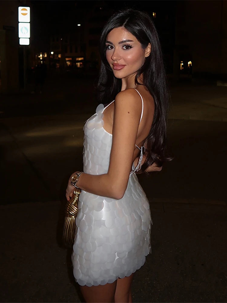 Spaghetti strap white beaded mini dress