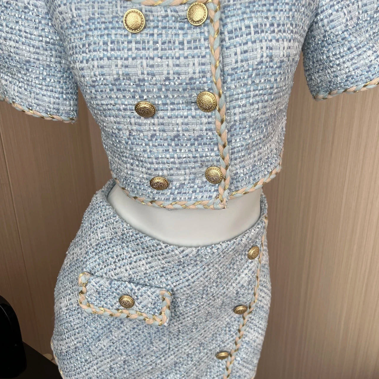 Blue Tweed Sets Women Outfits Puff Sleeve