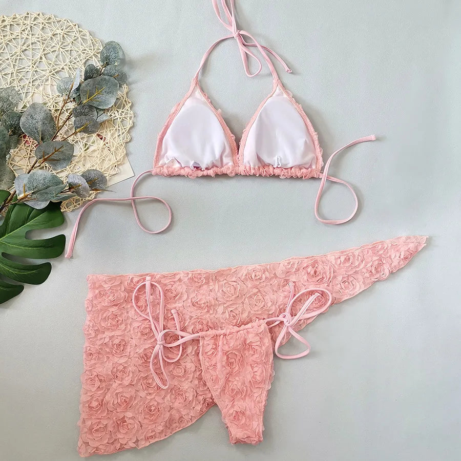 pink flower 3D bikini with sarong