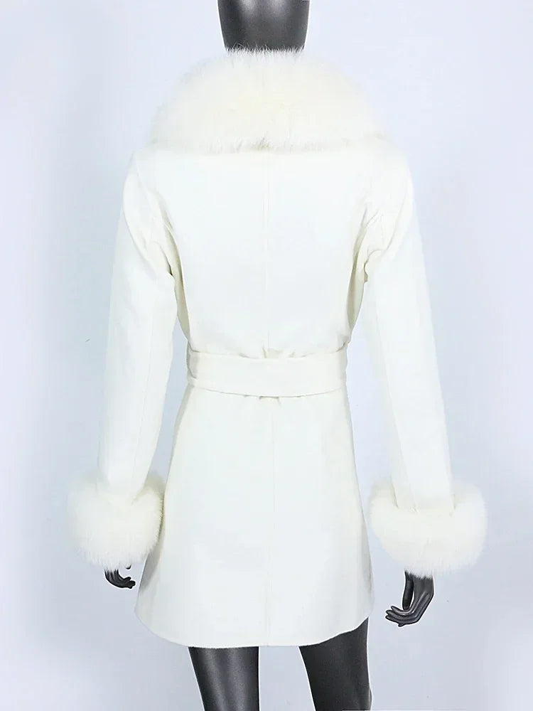 Long Winter Jacket Women Cuffs Belt Cashmere Real Fur Coat Natural Fox Fur Collar