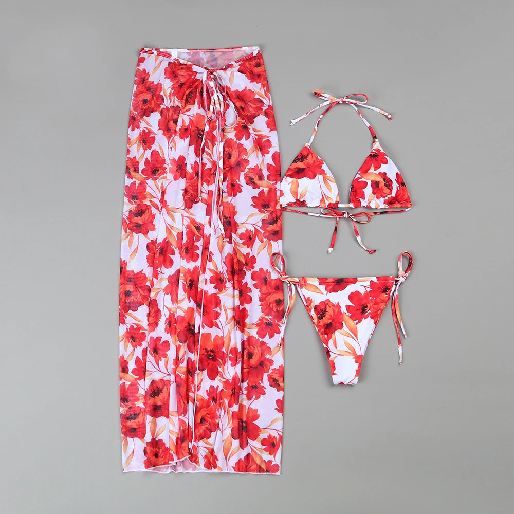 Flower Print 3 Pieces Bikini Set with Cover-up