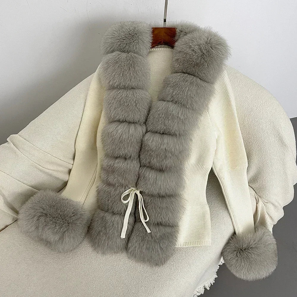 Real fox Fur Cardigan Detachable Collar