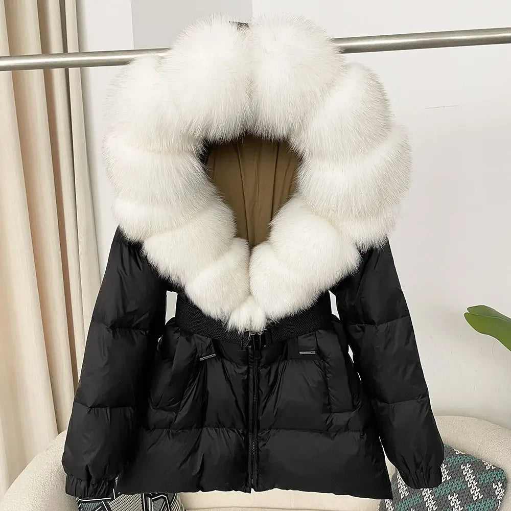 medium length woman coat duck down real fox and racoon fur