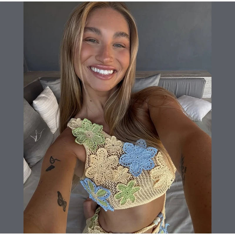 Flower crochet maxi skirt, vest top and bikini top