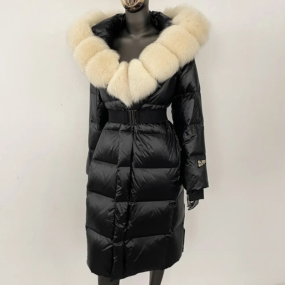 long coat with fox fur hood and belted waist