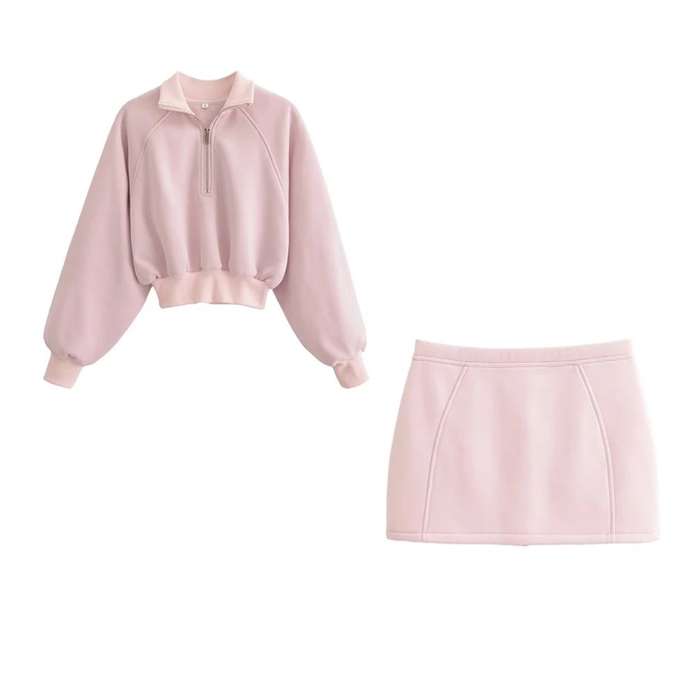 Zip Cropped Sweatshirt And Mid Waist Back Zipper Mini Skirt