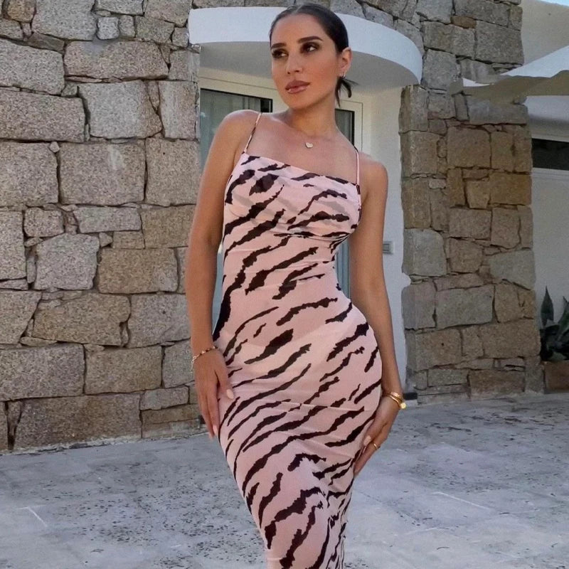 Zebra Long Beach Dress Cover-Up Transparent Mesh