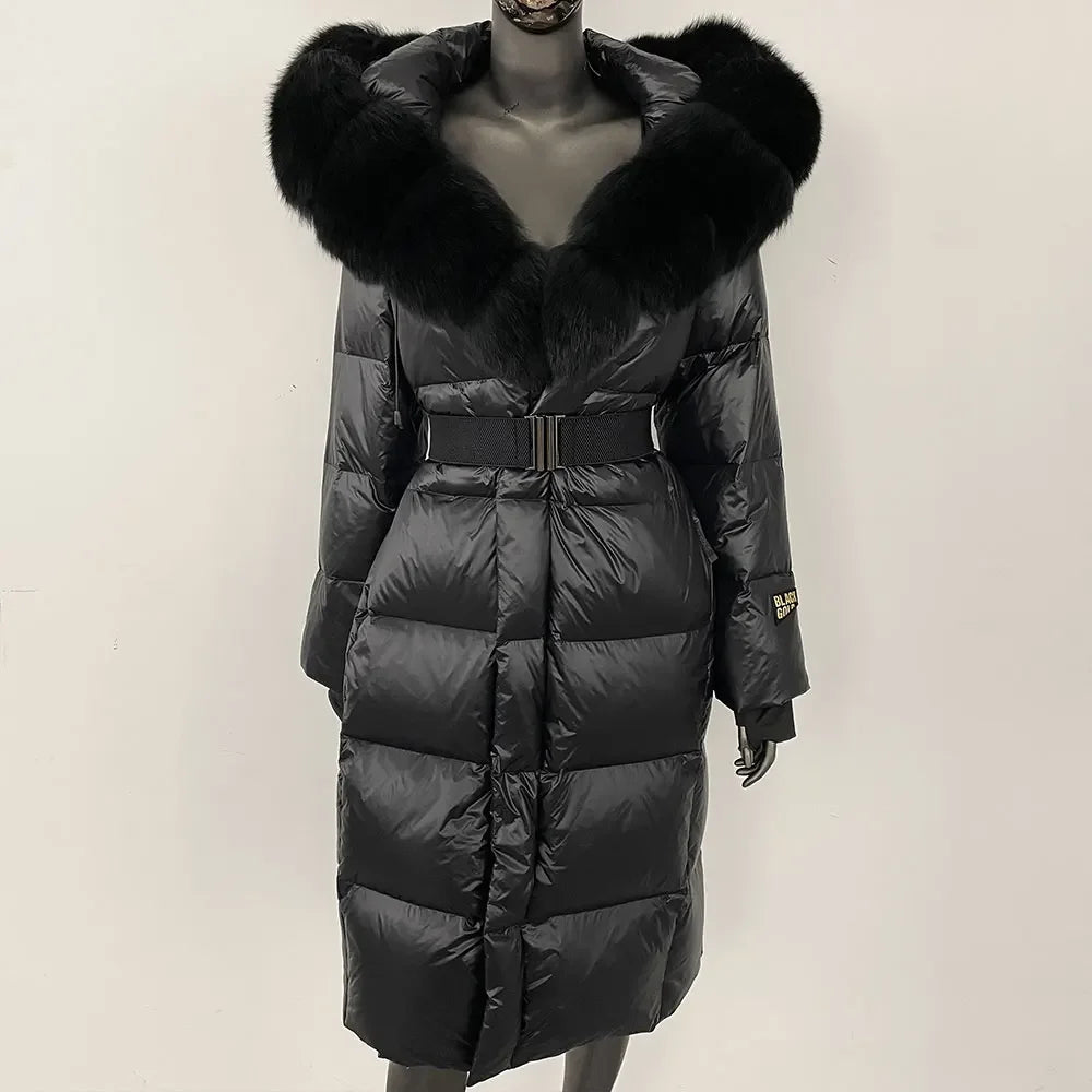 long coat with fox fur hood and belted waist