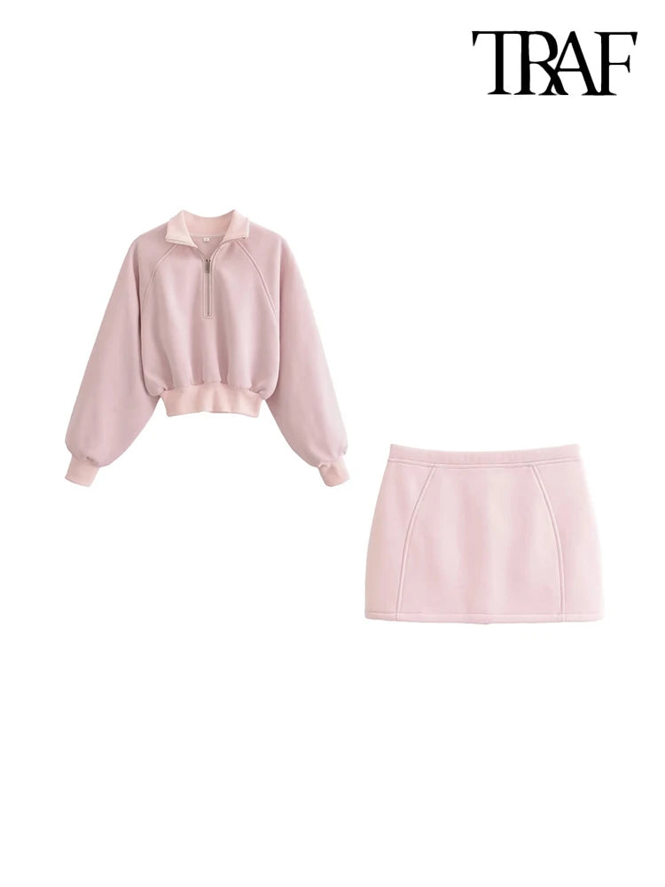 Zip Cropped Sweatshirt And Mid Waist Back Zipper Mini Skirt