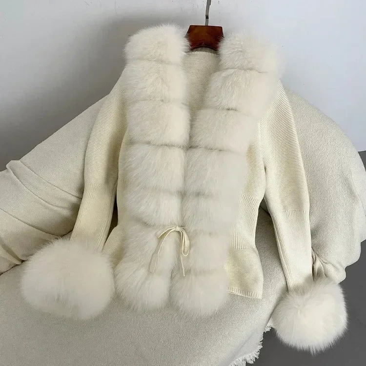 Real fox Fur Cardigan Detachable Collar