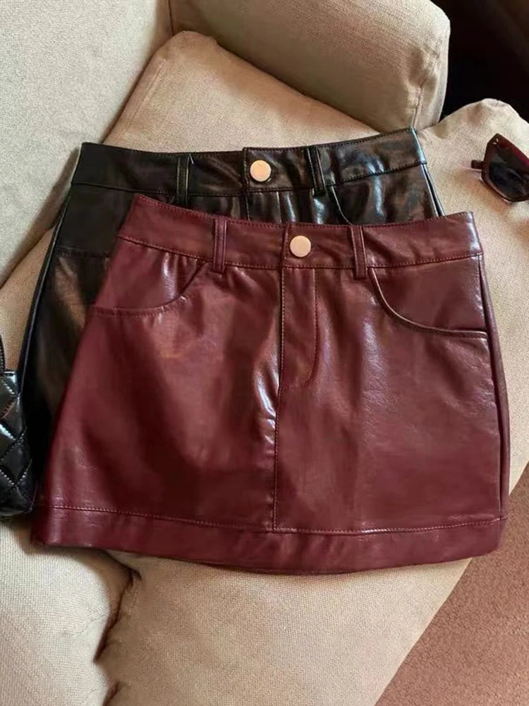 Black and wine red leather skirt