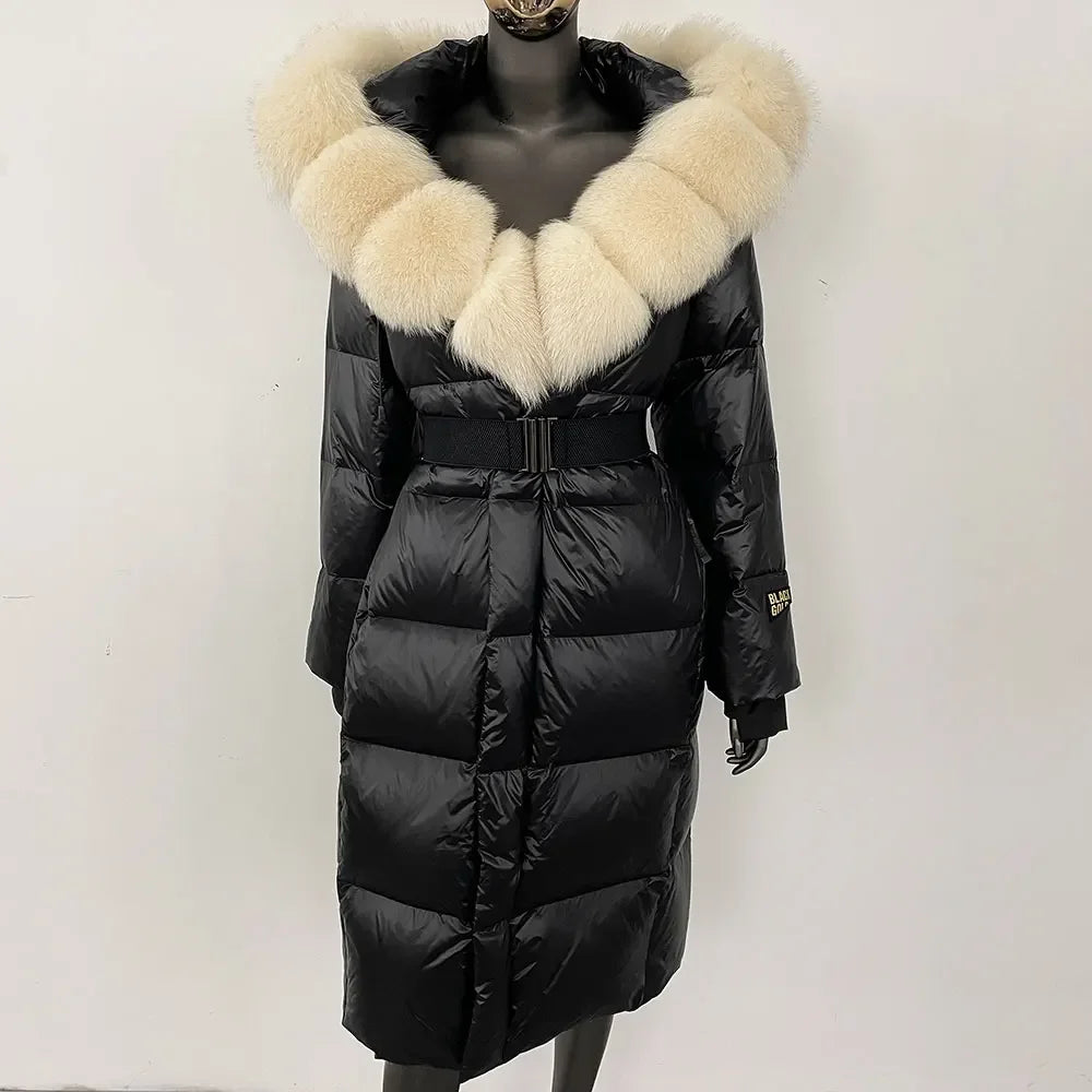 long coat with fox fur hood and belted waist