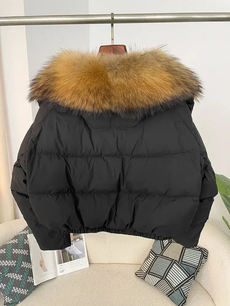 cropped duck down winter coat with real fox fur