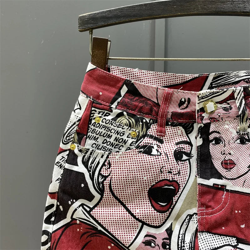 Cartoon Pattern High Waist Denim Skirt