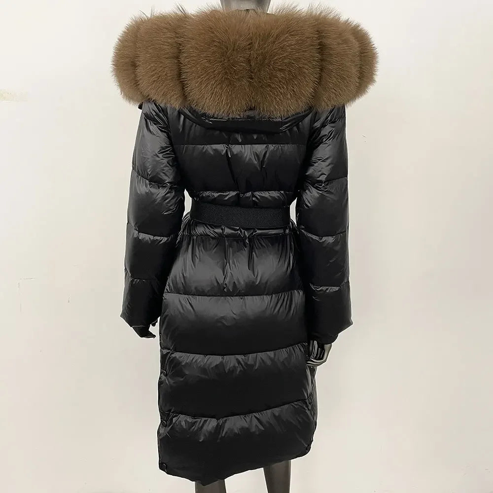 long coat with fox fur hood and belted waist