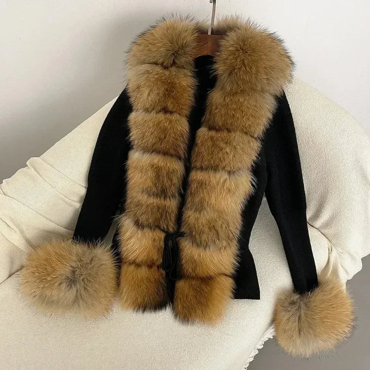 Real fox Fur Cardigan Detachable Collar