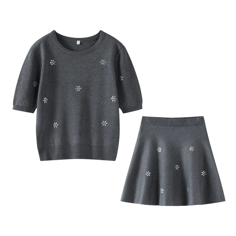 Knitted Rhinestone Mini Skirts Set Women 2 Pieces Short Sleeve