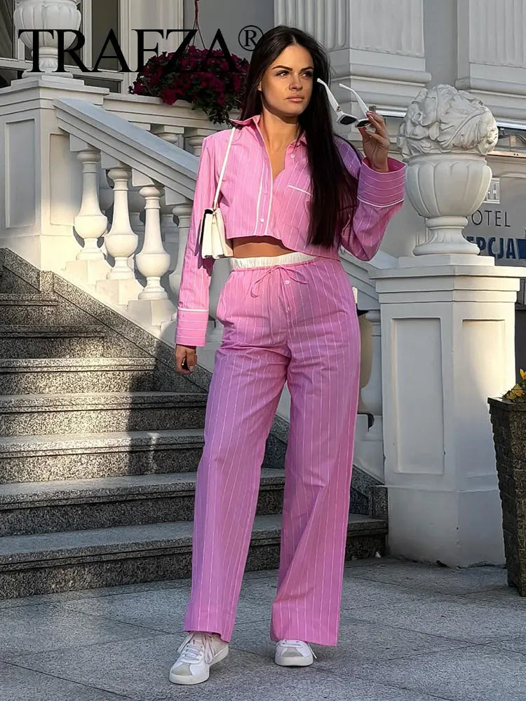 Sweet Pink Stripe Blouse Pant Sets