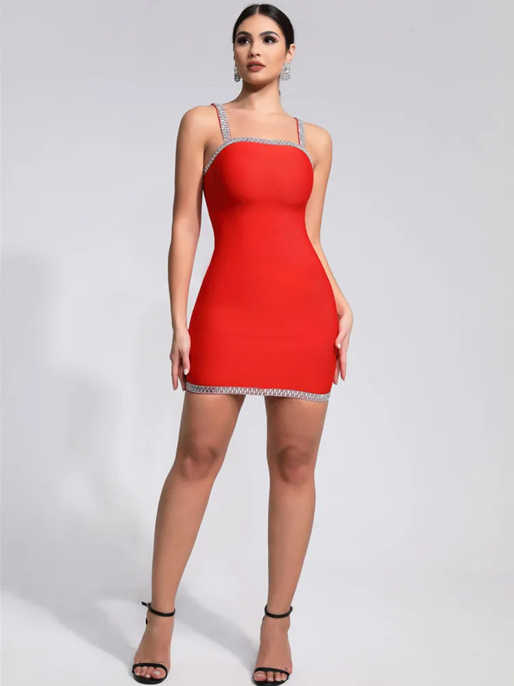 Luxury Red Crystal Mini Bandage Dress