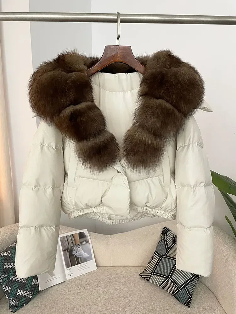 cropped duck down winter coat with real fox fur