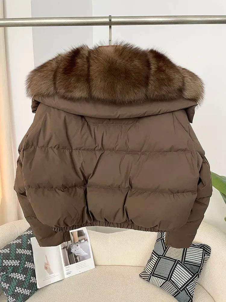 cropped duck down winter coat with real fox fur