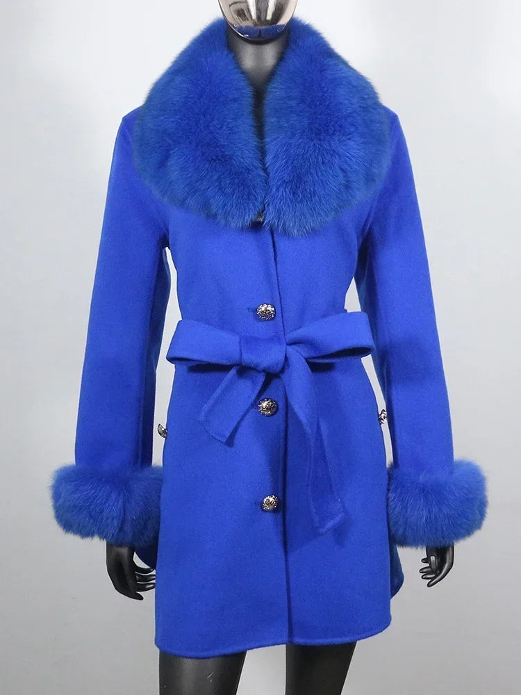 Long Winter Jacket Women Cuffs Belt Cashmere Real Fur Coat Natural Fox Fur Collar