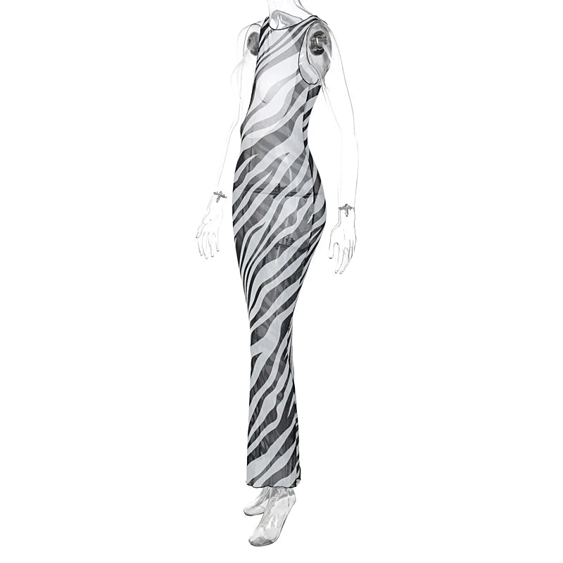 Zebra Long Beach Dress Cover-Up Transparent Mesh